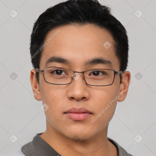 Neutral asian young-adult male with short  black hair and brown eyes