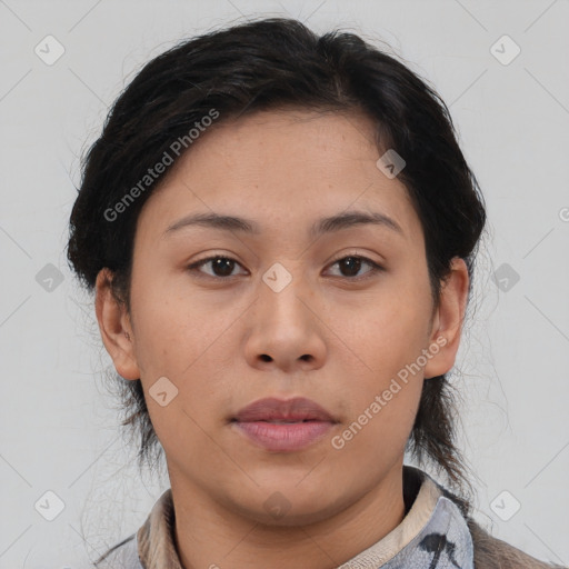 Neutral asian young-adult female with medium  brown hair and brown eyes