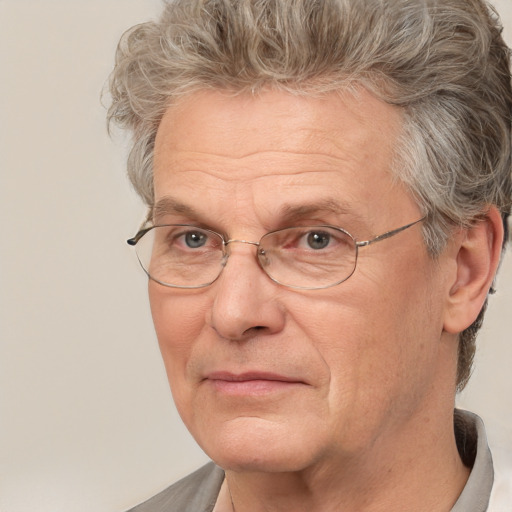 Joyful white middle-aged male with short  brown hair and brown eyes