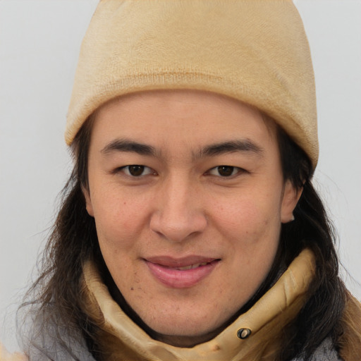Joyful asian young-adult female with short  brown hair and brown eyes