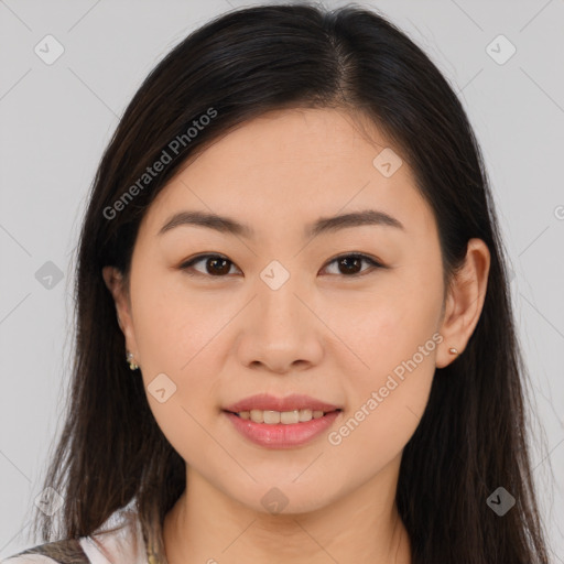 Joyful white young-adult female with medium  brown hair and brown eyes