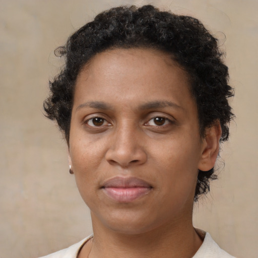 Neutral latino young-adult female with short  brown hair and brown eyes