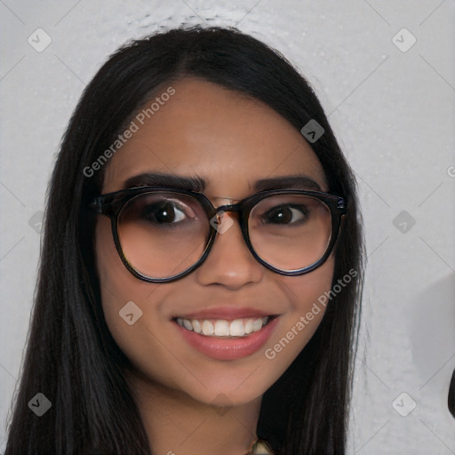 Joyful latino young-adult female with long  brown hair and brown eyes