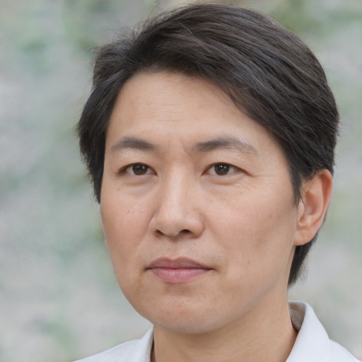 Joyful asian adult male with short  brown hair and brown eyes