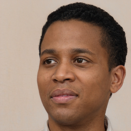Joyful black young-adult male with short  black hair and brown eyes