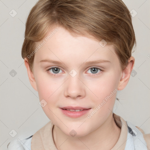 Joyful white child female with short  brown hair and grey eyes