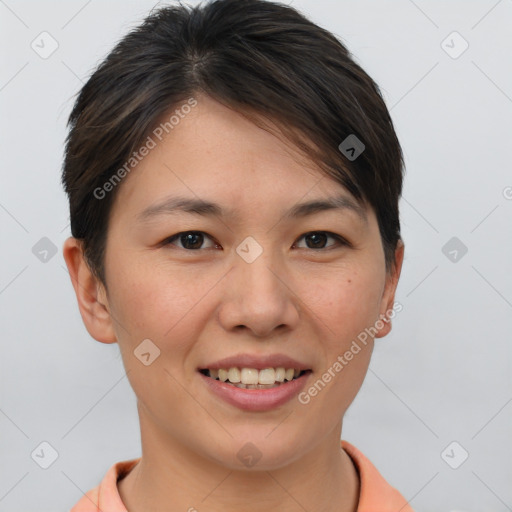 Joyful asian young-adult female with short  brown hair and brown eyes