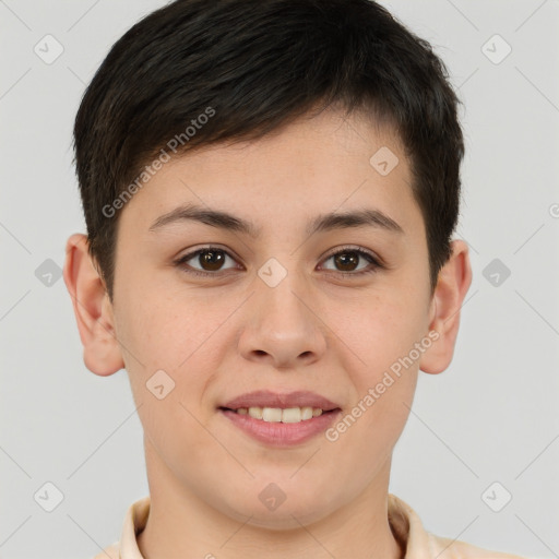 Joyful white young-adult female with short  brown hair and brown eyes