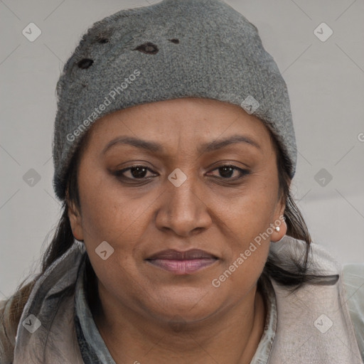 Joyful latino adult female with short  brown hair and brown eyes