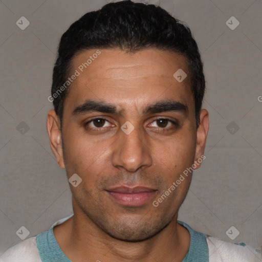Neutral white young-adult male with short  black hair and brown eyes