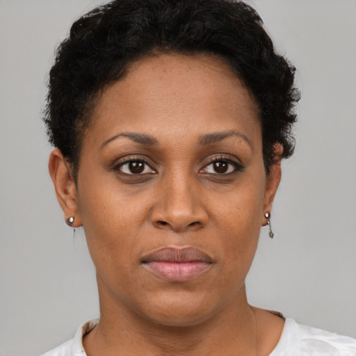Joyful black adult female with short  brown hair and brown eyes
