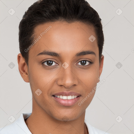 Joyful white young-adult female with short  brown hair and brown eyes