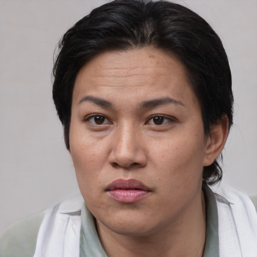 Neutral asian adult female with short  brown hair and brown eyes