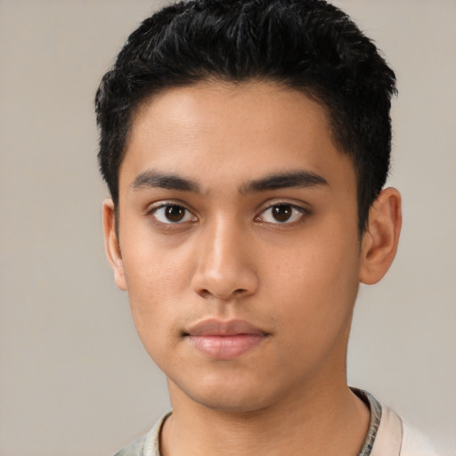 Neutral asian young-adult male with short  black hair and brown eyes