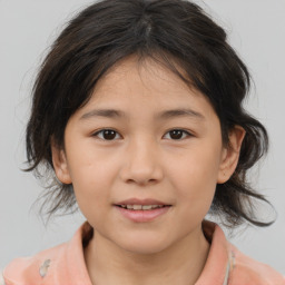 Joyful white child female with medium  brown hair and brown eyes