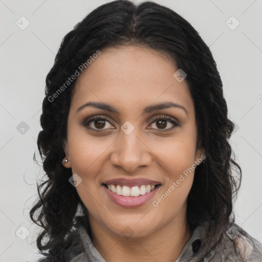 Joyful latino young-adult female with long  brown hair and brown eyes