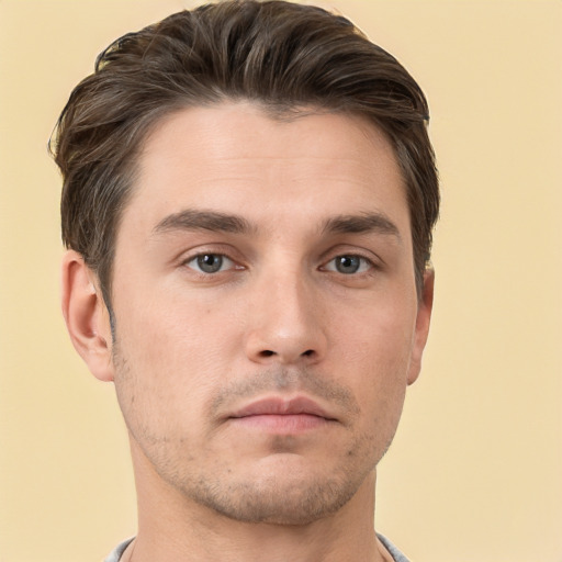 Neutral white young-adult male with short  brown hair and brown eyes