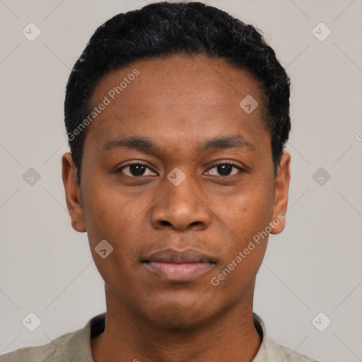 Neutral black young-adult male with short  black hair and brown eyes