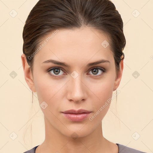 Neutral white young-adult female with medium  brown hair and brown eyes