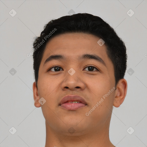 Neutral asian young-adult male with short  black hair and brown eyes