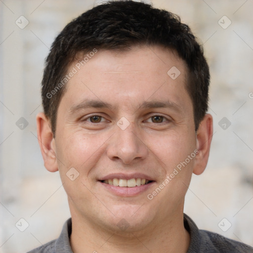 Joyful white young-adult male with short  brown hair and brown eyes