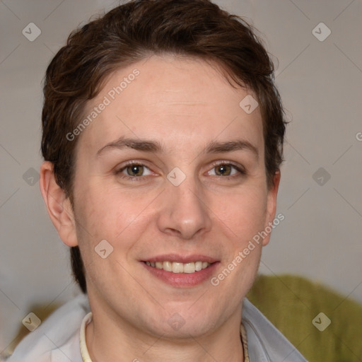 Joyful white adult female with short  brown hair and brown eyes