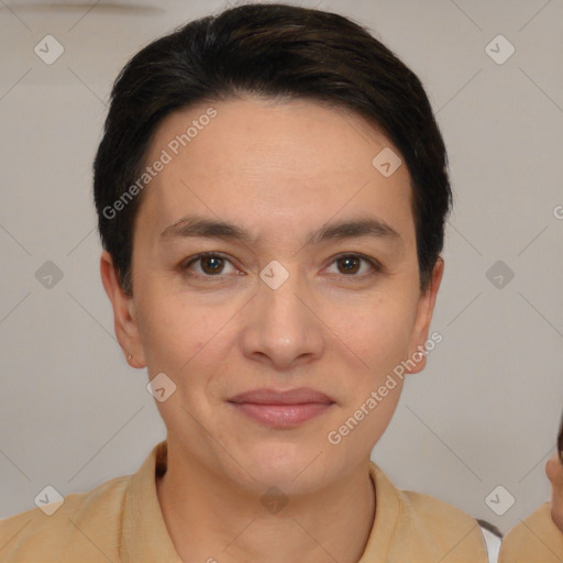 Joyful white young-adult female with short  brown hair and brown eyes