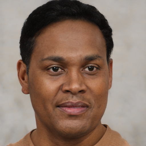 Neutral black adult male with short  black hair and brown eyes