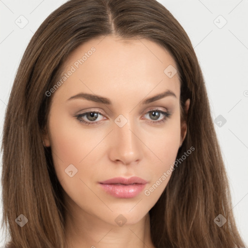 Neutral white young-adult female with long  brown hair and brown eyes