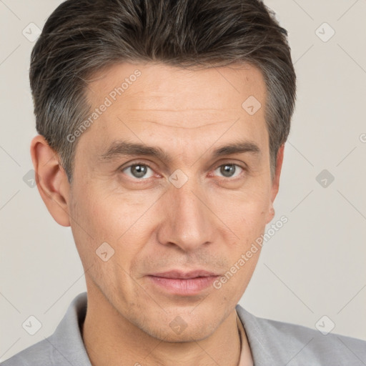 Neutral white adult male with short  brown hair and brown eyes