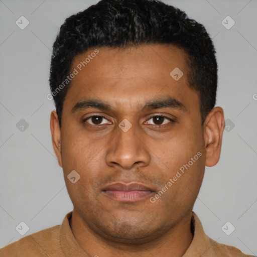 Neutral latino young-adult male with short  black hair and brown eyes
