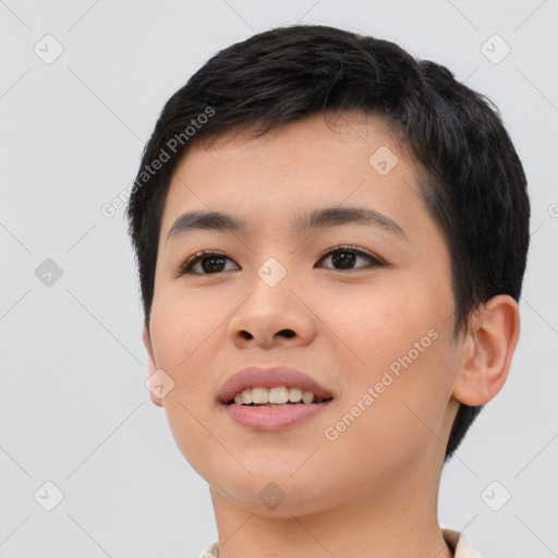 Joyful asian young-adult female with short  black hair and brown eyes