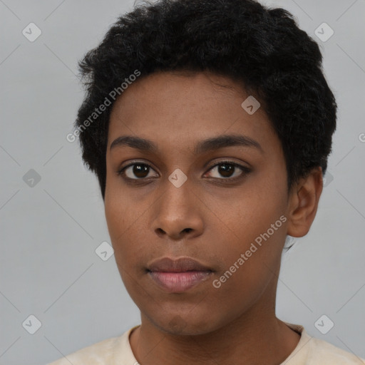 Neutral black young-adult female with short  brown hair and brown eyes