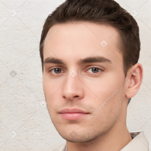 Neutral white young-adult male with short  brown hair and brown eyes