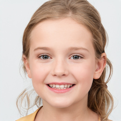 Joyful white child female with medium  brown hair and blue eyes