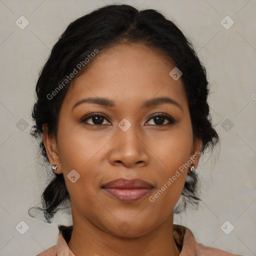 Joyful black young-adult female with medium  brown hair and brown eyes