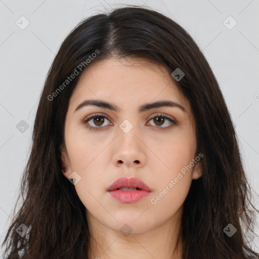 Neutral asian young-adult female with long  brown hair and brown eyes