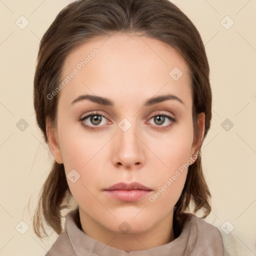 Neutral white young-adult female with medium  brown hair and brown eyes