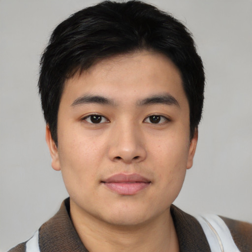 Neutral asian young-adult male with short  black hair and brown eyes