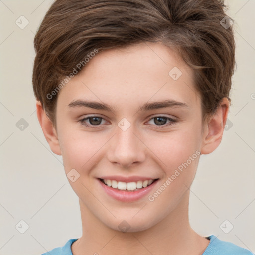 Joyful white child female with short  brown hair and brown eyes