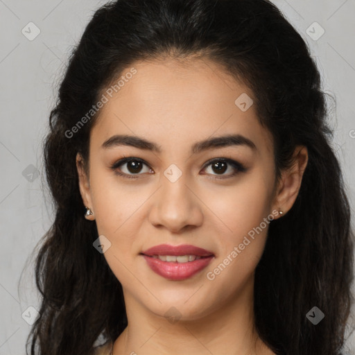 Joyful latino young-adult female with long  brown hair and brown eyes