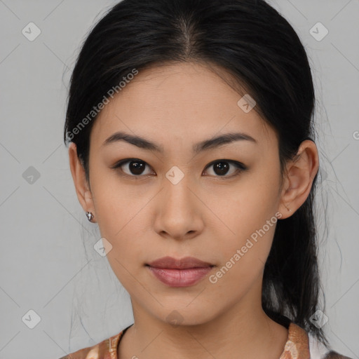 Neutral asian young-adult female with medium  brown hair and brown eyes