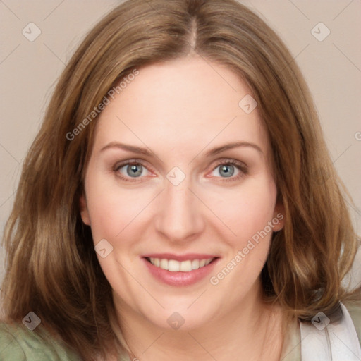 Joyful white young-adult female with medium  brown hair and green eyes