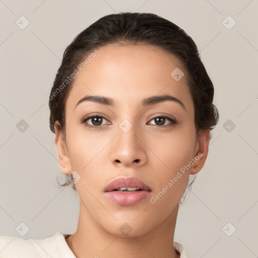 Neutral white young-adult female with short  brown hair and brown eyes