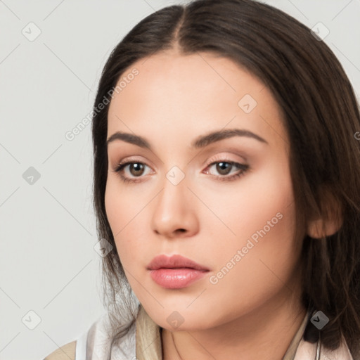 Neutral white young-adult female with long  brown hair and brown eyes