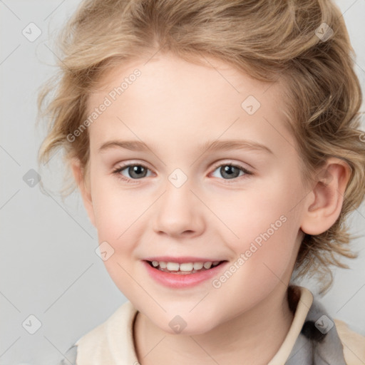 Joyful white child female with medium  brown hair and grey eyes