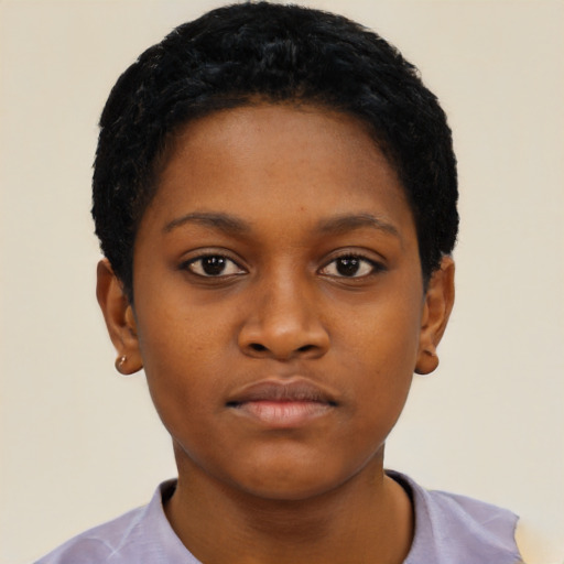 Neutral black young-adult female with short  black hair and brown eyes