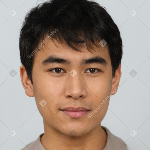 Neutral asian young-adult male with short  brown hair and brown eyes