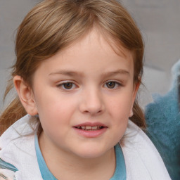 Joyful white child female with medium  brown hair and blue eyes