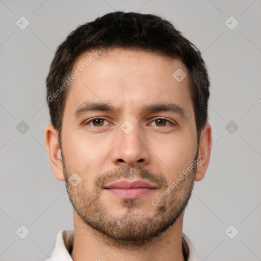 Neutral white young-adult male with short  brown hair and brown eyes